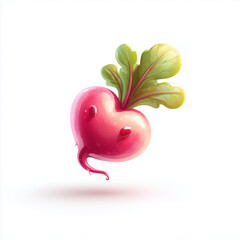 Stylized 3D radish with vibrant leaves and glossy texture. Cute and whimsical vegetable character on white background