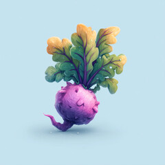 Stylized 3D radish with vibrant leaves and glossy texture. Cute and whimsical vegetable character on white background