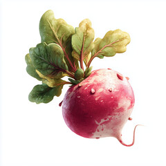Stylized 3D radish with vibrant leaves and glossy texture. Cute and whimsical vegetable character on white background