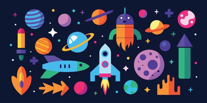 Vector art of a playful assortment of colorful space elements including rockets, planets, and whimsical aliens.