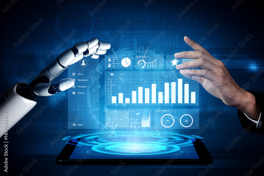Poster a striking visual of a human and robot hand nearing each other, set against a backdrop of data visua