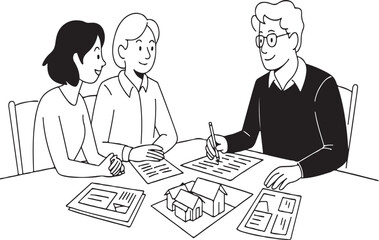Home Buying Process A Meeting with a Realtor and a Young Couple Signing Documents