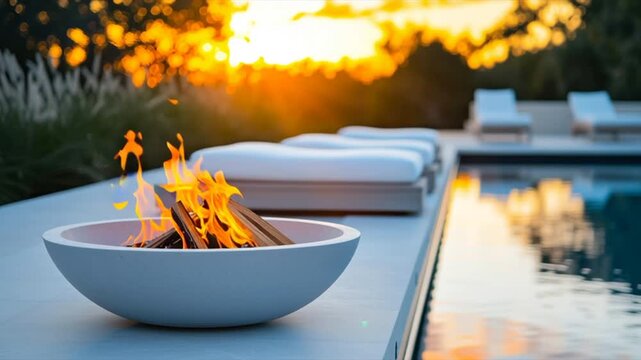 Modern fire pit burning with vivid flames near a luxury swimming pool at sunset