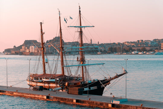 CORFU CITY, CORFU, IONIAN ISLANDS, GREECE - JULY 16, 2025: Nave Palinuro at anchor in Corfu, Greece. Sail training vessel for the Italian Navy. Palinuro is a three-masted, iron-hulled barquentine.