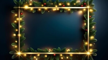 Decorative Christmas Wreath with Gold Bulbs and Red Ornaments. Flashing garland on dark background creates festive atmosphere. Congratulations, sales, discounts on New Year's Eve. - Powered by Adobe