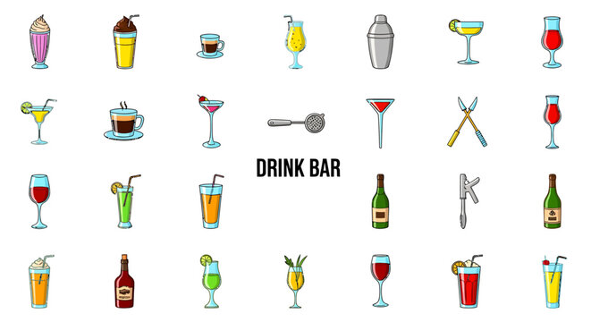 Vector Icons Set of Colorful cartoon icon set of various bar drinks cocktails coffee and bartending equipment. EPS Editable