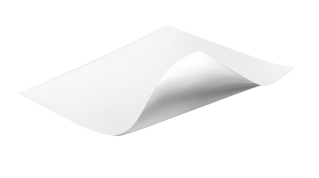 Curved white paper sheet with a smooth edge on transparent background