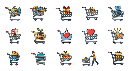 Fototapeta premium Vector Icons Set of Colorful cartoon shopping cart icon set illustrating various retail ecommerce and consumer concepts. EPS Editable