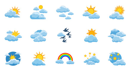 Obraz premium Vector Icons Set of Colorful collection of cartoon weather icons featuring sun clouds birds rainbow and stars. EPS Editable
