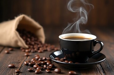 Warm Steaming Coffee in Black Cup with Roasted Beans on Burlap Sack ai generated