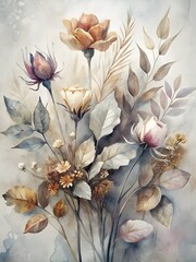 Soft Pastel Watercolor Floral Arrangement with Dried Leaves and Wildflowers