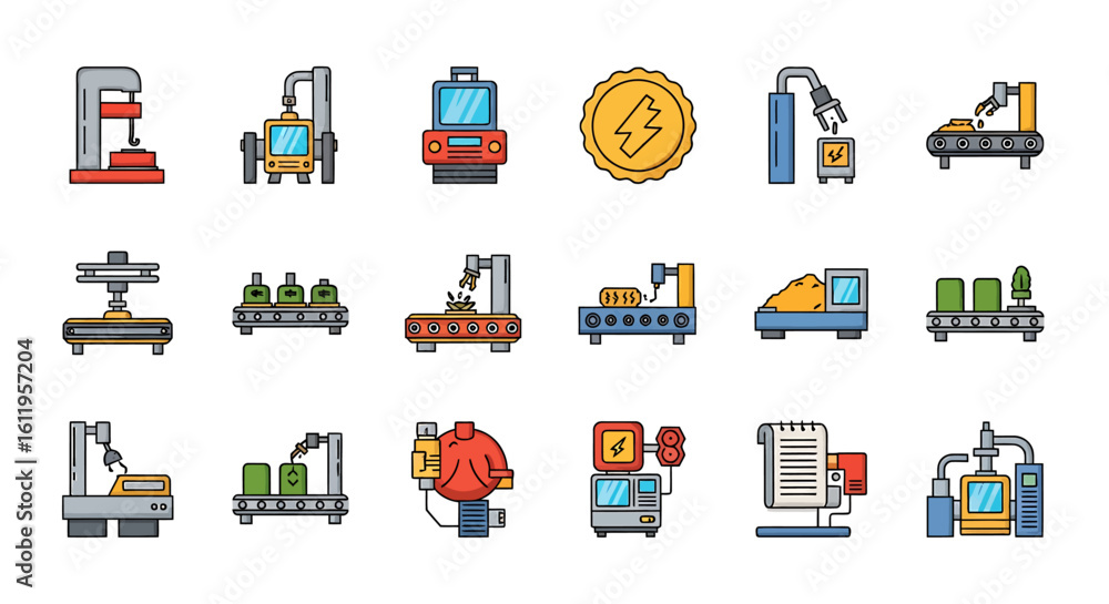 Poster vector icons set of colorful collection of industrial machinery icons featuring factory automation c