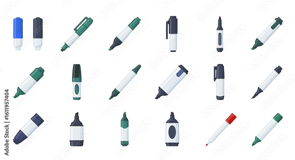 Poster vector icons set of colorful collection of various markers pens and highlighters vector set of plast