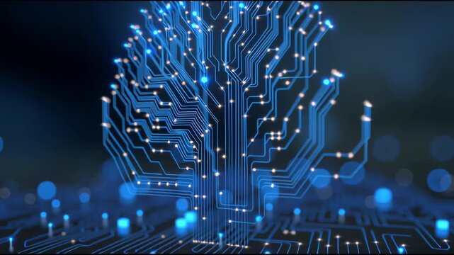 Digital Tree: A vibrant digital illustration showcases a stylized tree formed from intricate circuit board pathways, illuminated with glowing nodes, symbolizing the interconnectedness of technology. 