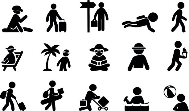 Collection of Summer Vacation Pictograms, Featuring Travel, Relaxation