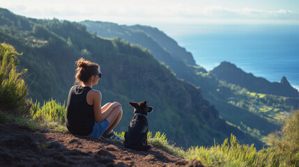 Woman and dog sitting on mountain overlooking ocean, enjoying peaceful nature and panoramic coastal landscape under clear skies during a hike.
