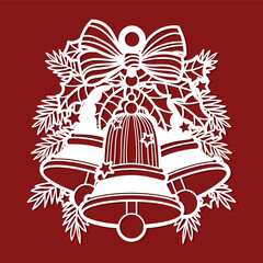 Three Christmas bells on a fir branch with a bow. Template for laser cutting from paper, wood, caton, metal, etc. For the design of Christmas cards, Christmas tree toys, stickers, interior decorations