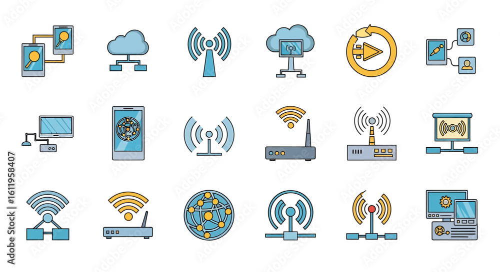 Poster vector icons set of colorful flat design icon collection for network communication and technology co