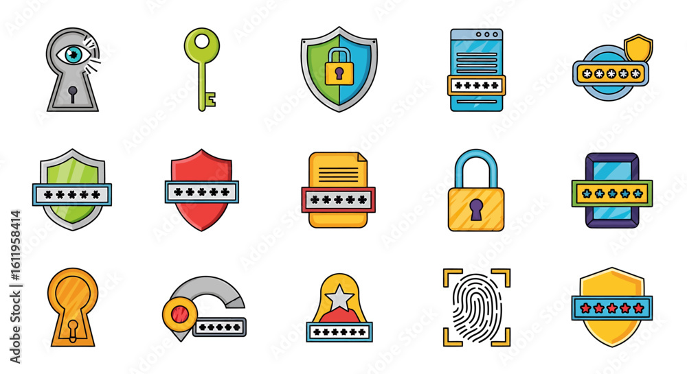 Poster vector icons set of colorful flat design icon set for cybersecurity password protection and digital 