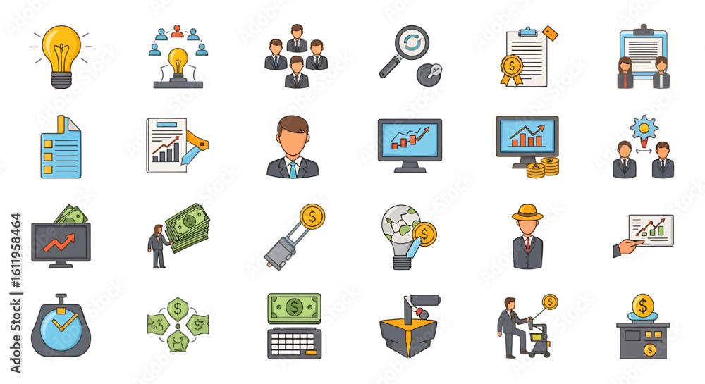 Poster vector icons set of colorful flat design icon set for business finance and startup concepts includin