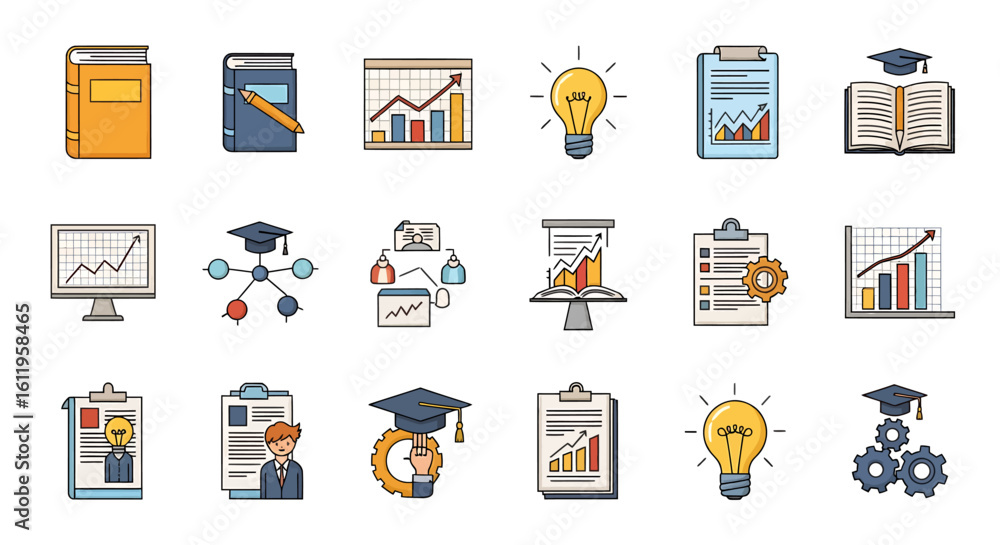 Poster vector icons set of colorful flat design icon set for education business and data analysis includes 