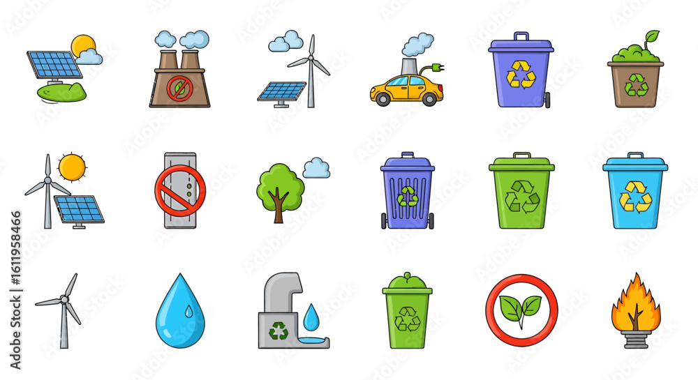Poster vector icons set of colorful flat design icon set for ecology renewable energy and environmental pro