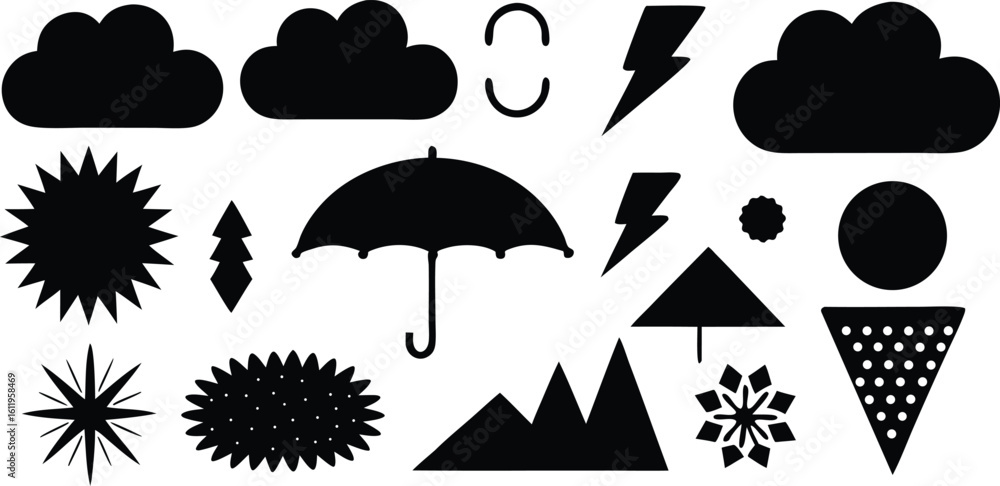 Poster vector art of a collection of black and white silhouette icons representing weather elements and abs