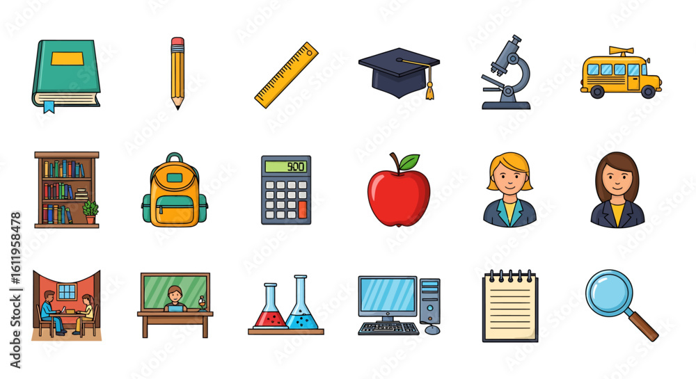 Poster vector icons set of colorful flat design icon set for school and education featuring book pencil com