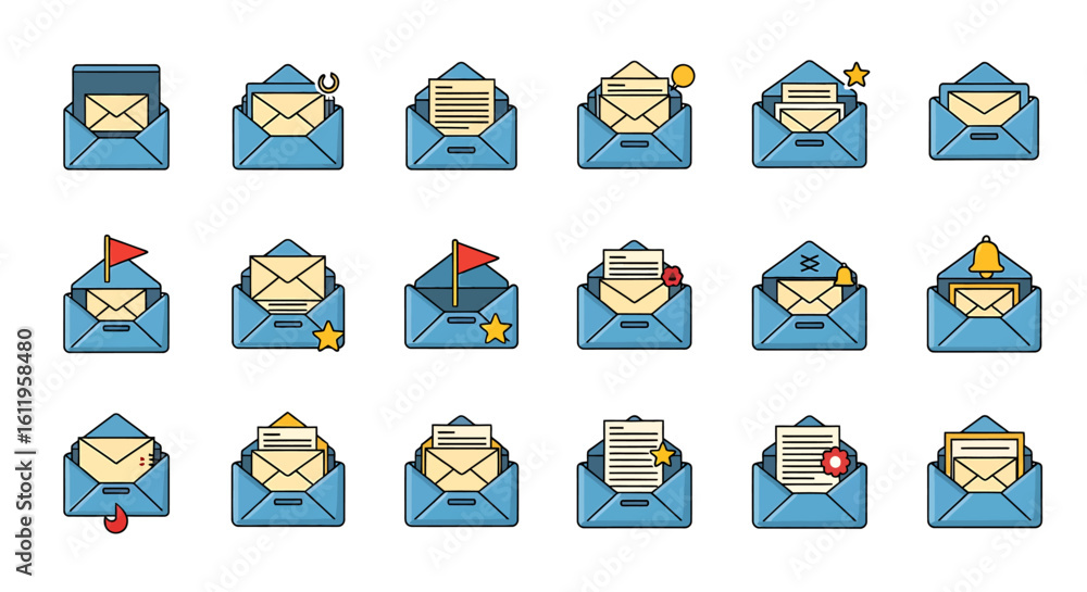 Poster vector icons set of colorful flat design icon set of open blue envelopes with letters and notificati