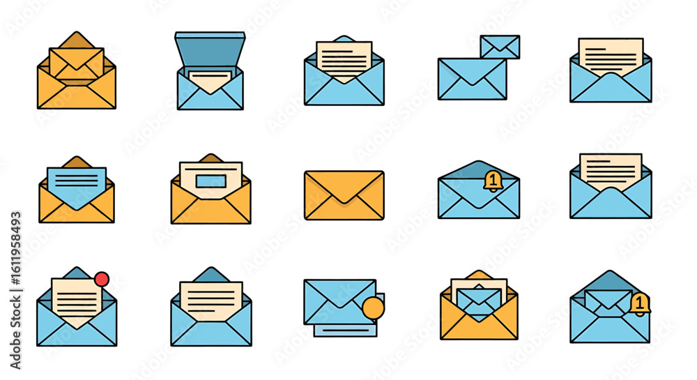 Poster vector icons set of colorful flat design mail and envelope icon set showing open letters closed mail