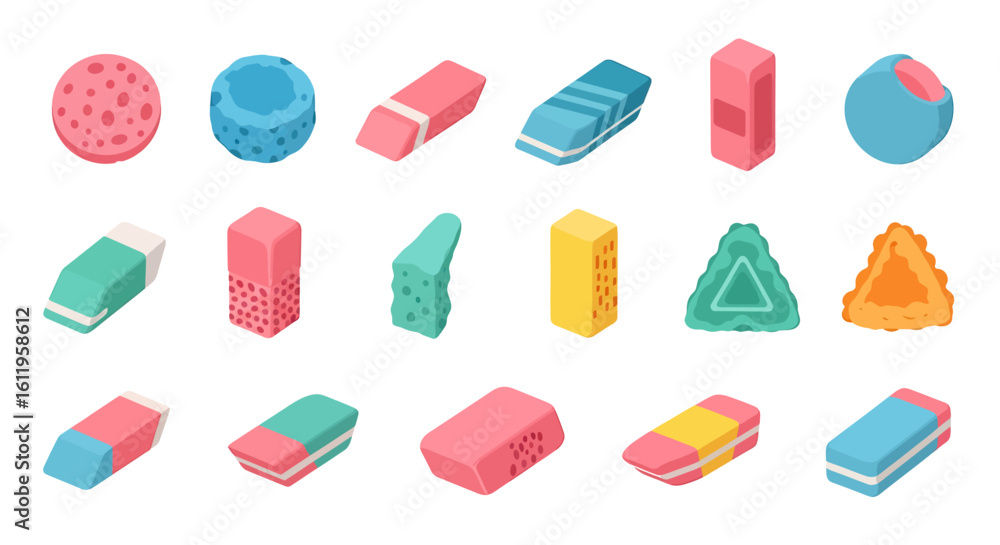 Poster vector icons set of colorful isometric collection of school rubber erasers in various shapes and sty