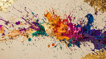 Fototapeta premium Abstract explosion of vibrant colors. Splashes of paint in various hues on a light beige background. Gold flecks and streaks