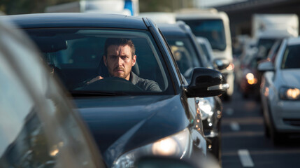 Frustrated man stuck in heavy traffic, sitting in a car with intense expression, surrounded by vehicles on a congested highway during rush hour. Selective focus.