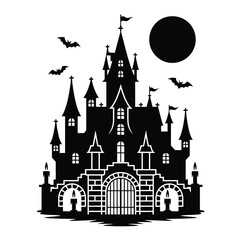 Fototapeta premium Black and white vector pack of Dracula’s castle featuring spires, gates, candles, crypt doors, and moon silhouette in gothic style