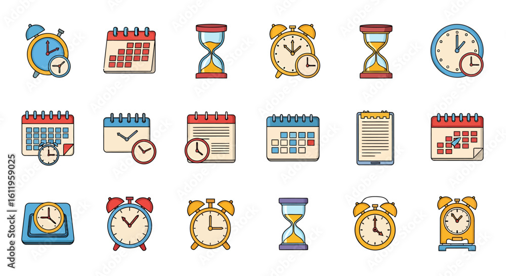 Poster vector icons set of colorful time management icon set with alarm clocks calendars and hourglasses. e