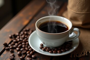 Fototapeta premium Warm Espresso Coffee Drink with Roasted Beans Still Life ai generated