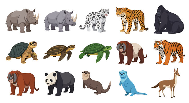 Vector Icons Set of Colorful vector set of various wild animals including mammals and reptiles in a flat cartoon illustration style. EPS Editable