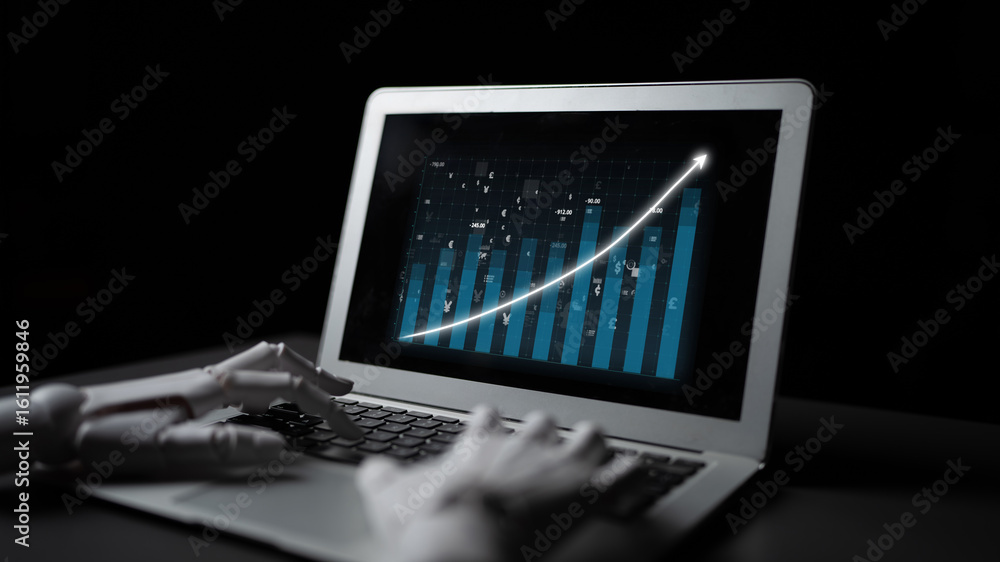 Poster a robotic hand interacts with a laptop displaying a digital graph that indicates business growth, sy