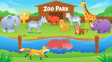 Obraz premium A 3D animated zoo scene with a brown wooden entrance gate displaying ZOO PARK in white text