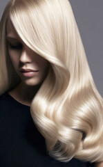 Naklejka premium Close-up of woman with long, shiny, platinum blonde wavy hair styled in soft curls, highlighting beauty, elegance and professional hair care.