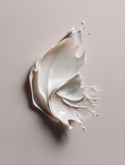 White smear of skincare cream on a soft gray background. Clean beauty product texture in macro style