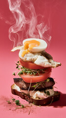 Juicy hamburger deconstructed in mid-air with ingredients flying. Dynamic food explosion on black background