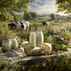 Advertising-style image of fresh milk and cheese with cows grazing in a field. Natural light, rural background, and healthy food concept