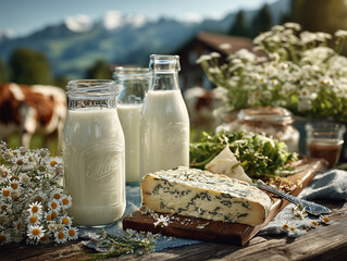 Advertising-style image of fresh milk and cheese with cows grazing in a field. Natural light, rural background, and healthy food concept