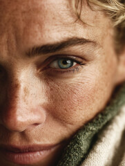 Extreme close-up of a woman with green eyes and freckles in warm light. Natural beauty and emotion in detail