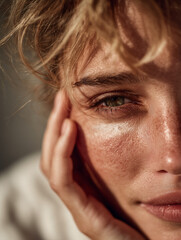 Extreme close-up of a woman with green eyes and freckles in warm light. Natural beauty and emotion in detail