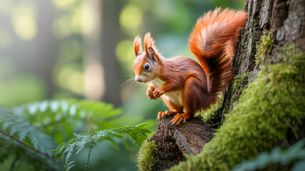 Fototapeta premium A close-up photograph of a red squirrel peeking around a moss-covered tree trunk