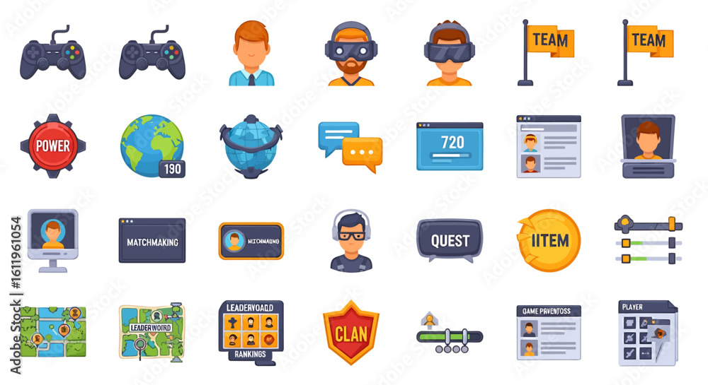 Poster vector icons set of large set of colorful cartoon video game icons for ui including player avatars q