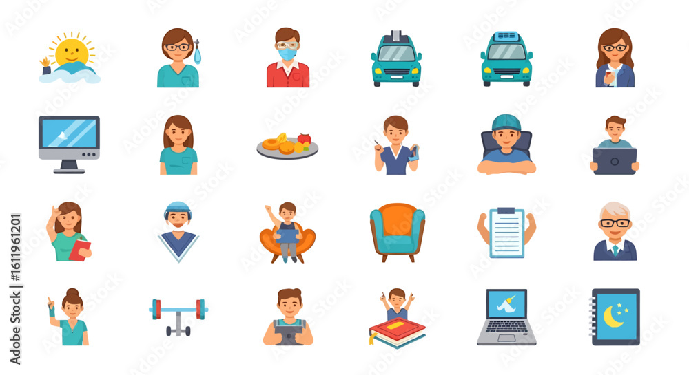 Poster vector icons set of large collection of colorful flat design icons depicting people professions tech