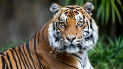 Fototapeta premium A close-up portrait photograph of a majestic Sumatran tiger in sharp detail